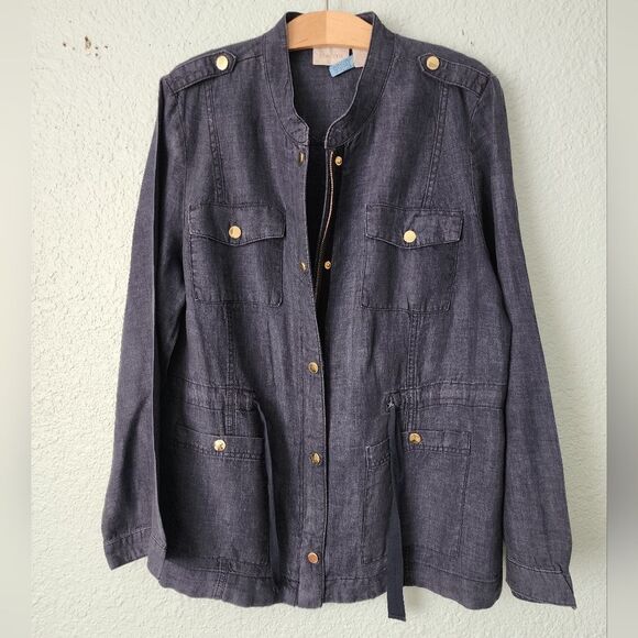 Chico's Linen Dark Wash Blue Gray Utility Jacket with Gold Accents